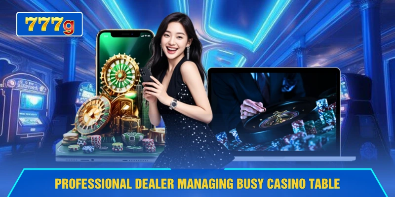 Professional dealer managing busy casino table