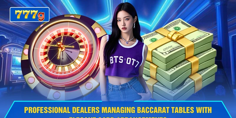 Professional dealers managing Baccarat tables with elegant card arrangements