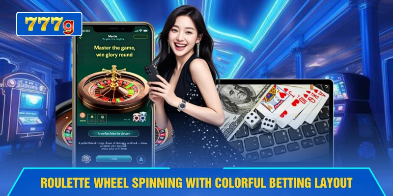 Roulette wheel spinning with colorful betting layout